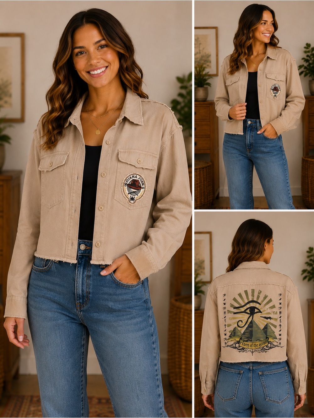Her Universe Beige Cropped Jean Jacket with Embroidered Back